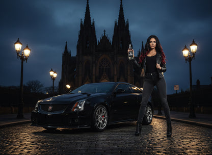 Black Cadillac car parked on a concrete surface with a building in the background  12