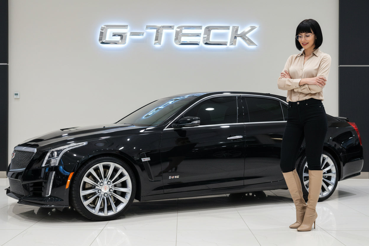 4 bottles of G-TECK car care products on a white shelf with a white tiled wall background.